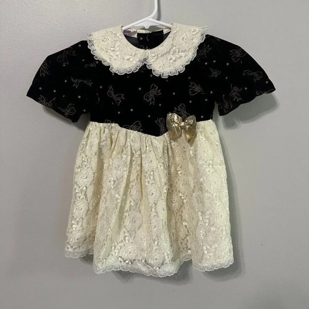 Vintage Girls Black Cream Lace Short Sleeve Gold Bow 4T Made In USA Dress